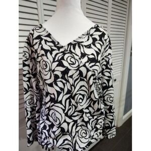 MSK Black White Rose Print Long Sleeve Ruched V-Neck Top with Tassel Hem L